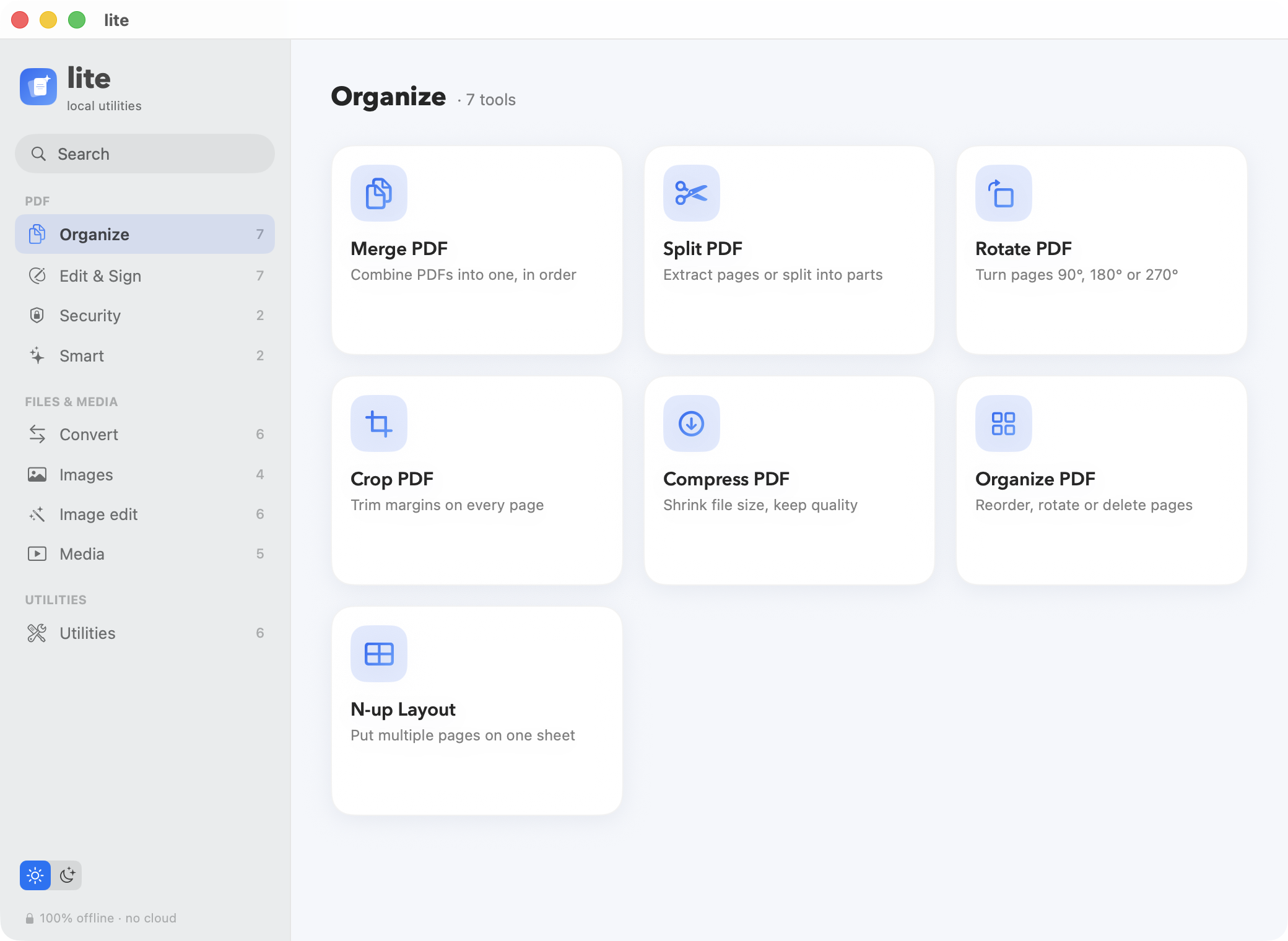 The lite app on macOS showing a sidebar of categories and a grid of PDF tools: Merge, Split, Rotate, Crop, Compress, Organize and N-up.